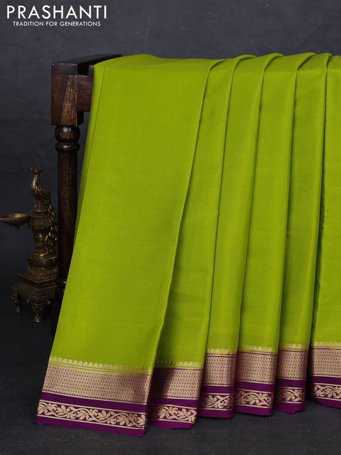 Light Green & Purple Pure Mysore Silk - Plain