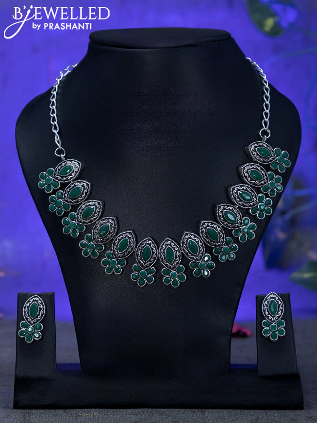 Oxidised necklace floral design with emerald stones