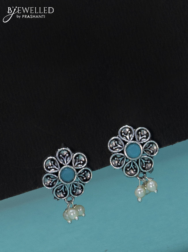 Oxidised haaram floral design with ice blue stones and pearl hangings