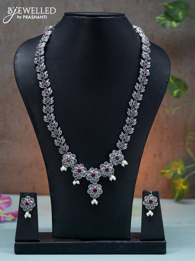 Oxidised haaram floral design with ruby stones and pearl hangings