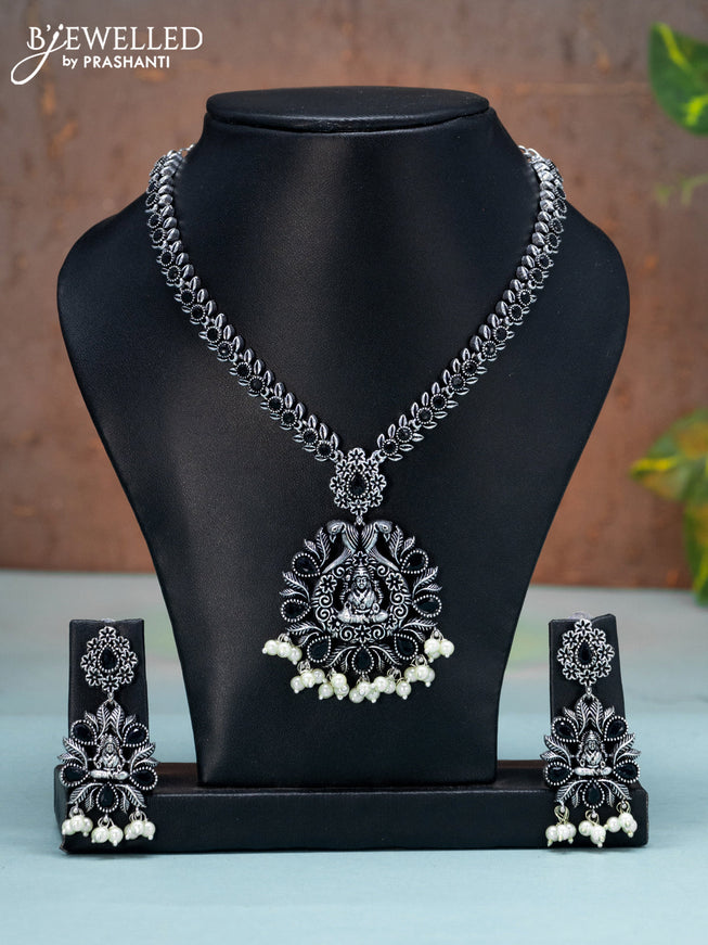 Oxidised necklace lakshmi design with black stones and pearl hangings