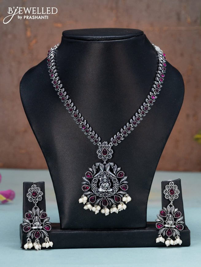Oxidised necklace lakshmi design with ruby stones and pearl hangings