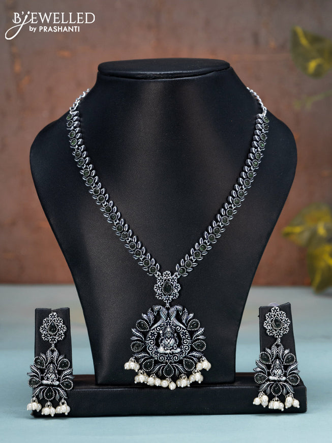 Oxidised necklace lakshmi design with emerald stones and pearl hangings