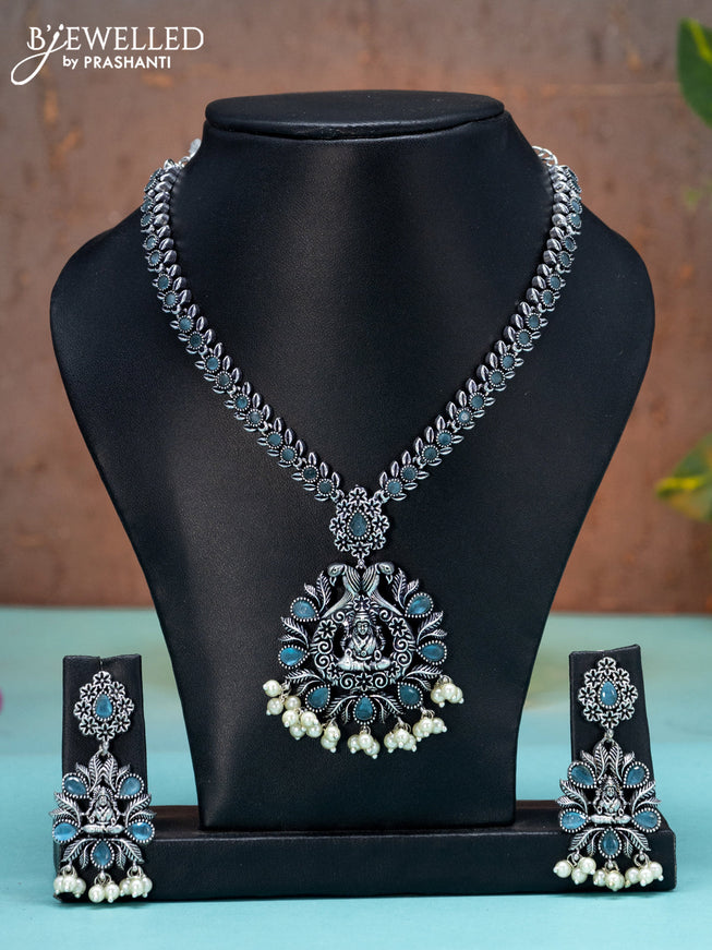 Oxidised haaram lakshmi design with ice blue stones and pearl hangings