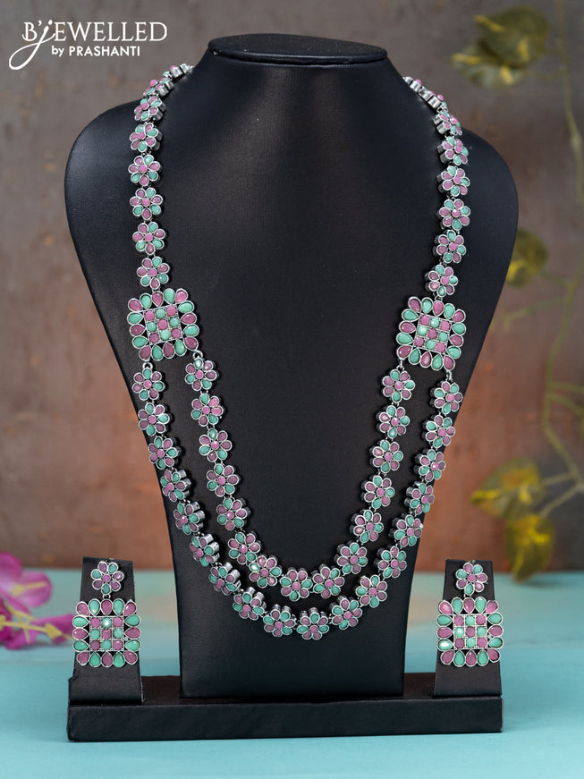 Oxidised haaram floral design with mint green & baby pink stones