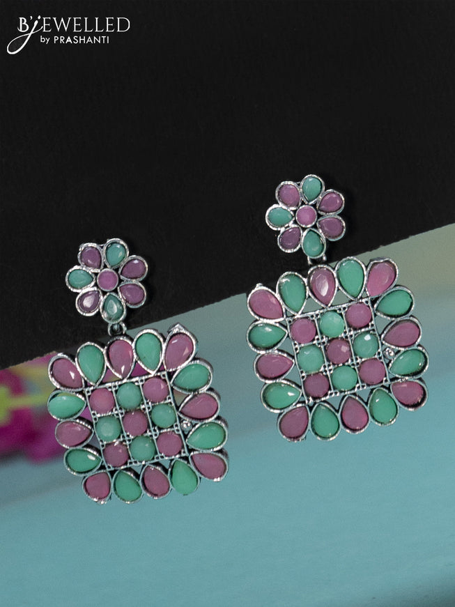 Oxidised haaram floral design with mint green & baby pink stones