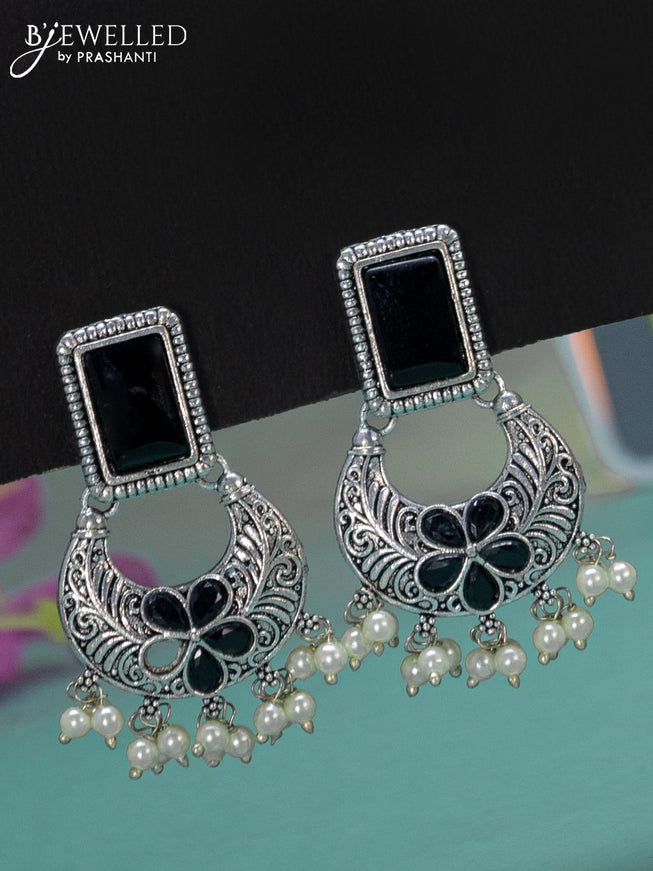 Oxidised long haaram floral design with black stones and pearl hangings
