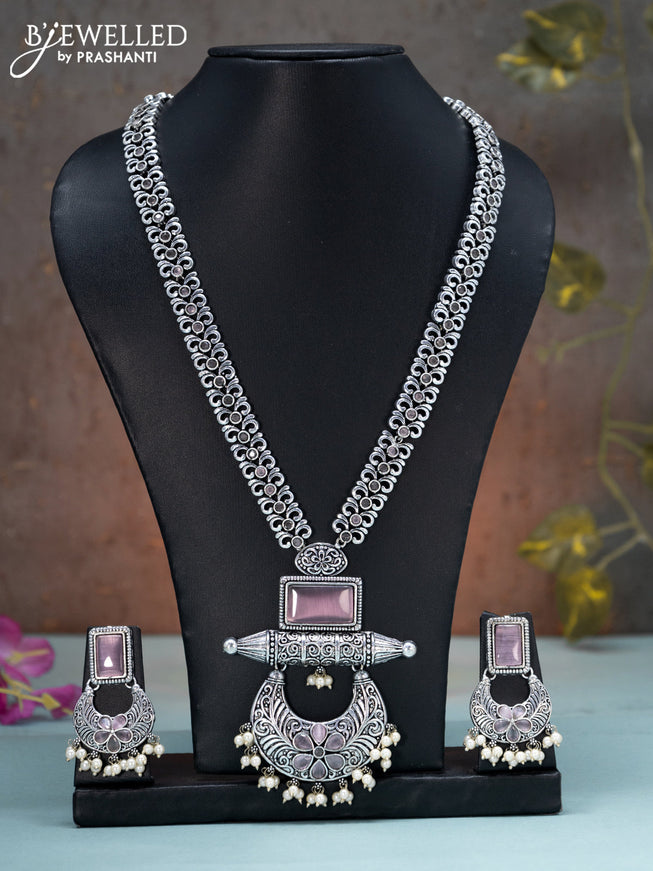 Oxidised long haaram floral design with baby pink stones and pearl hangings