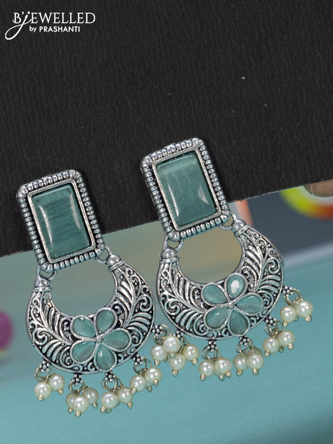 Oxidised long haaram floral design with mint green stones and pearl hangings