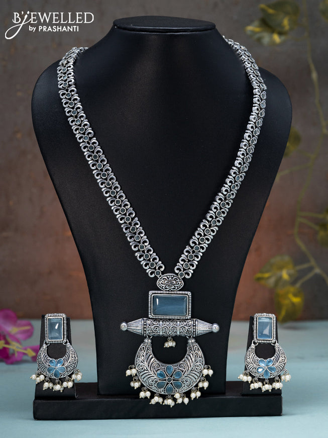 Oxidised long haaram floral design with ice blue stones and pearl hangings