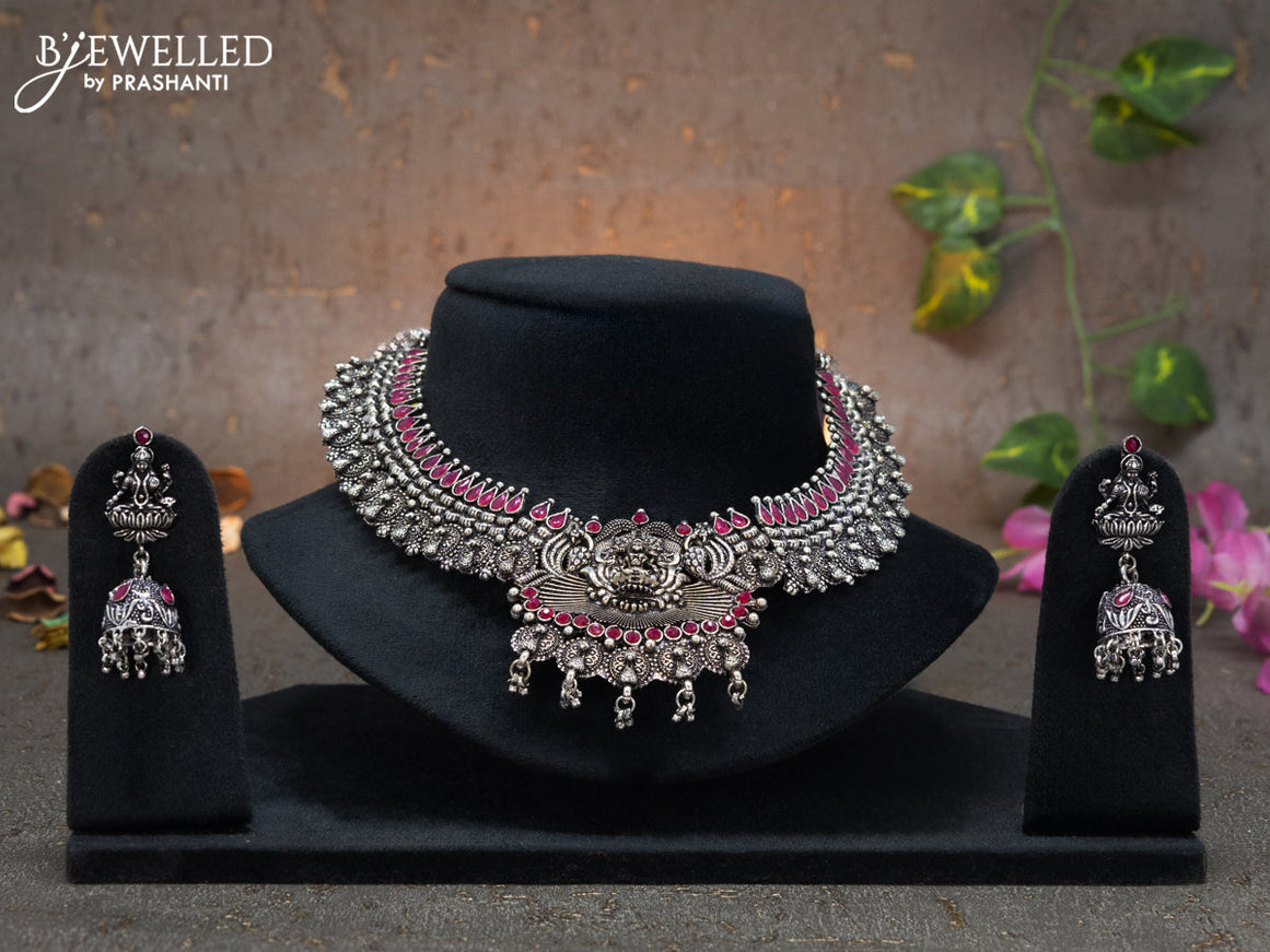Oxidised necklace lakshmi design with pink kemp stones and hangings