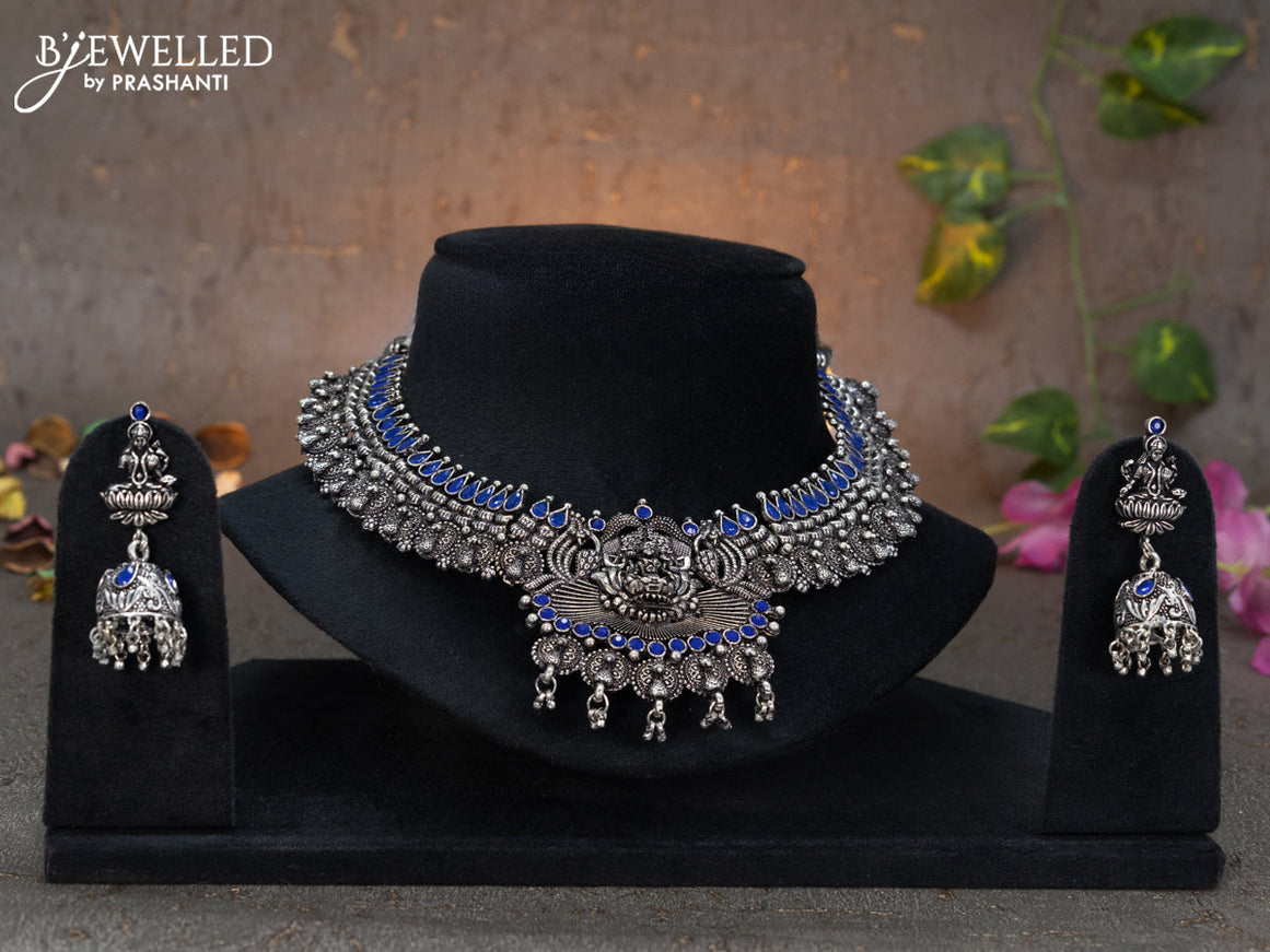 Oxidised necklace lakshmi design with sapphire stones and hangings