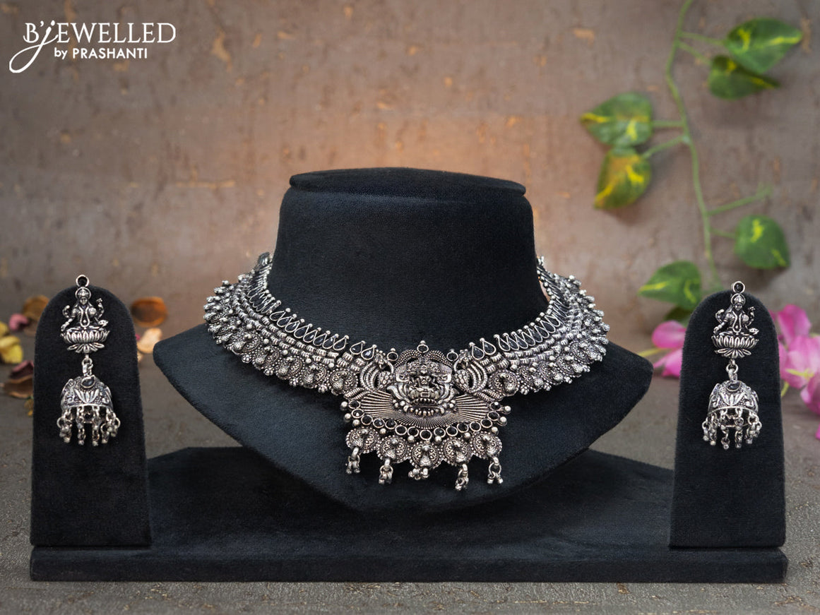 Oxidised necklace lakshmi design with black stones and hangings
