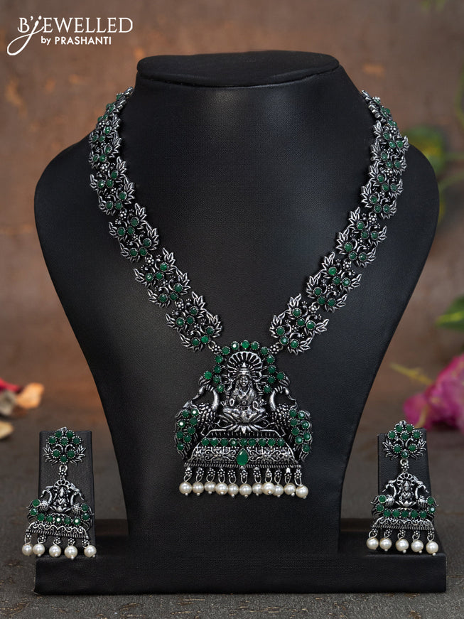 Oxidised necklace lakshmi design with emerald stones and pearl hangings