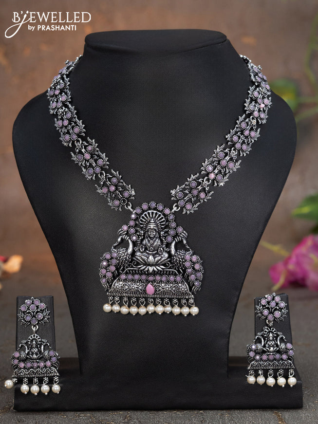 Oxidised necklace lakshmi design with  baby pink stonesand pearl hangings
