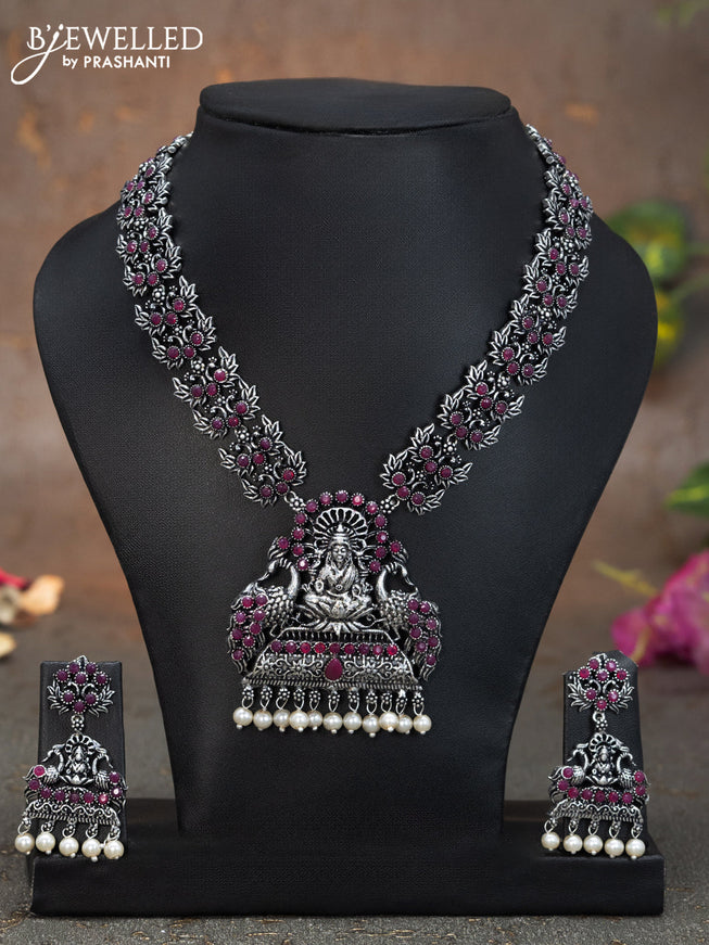 Oxidised necklace lakshmi design with pink kemp stones and pearl hangings