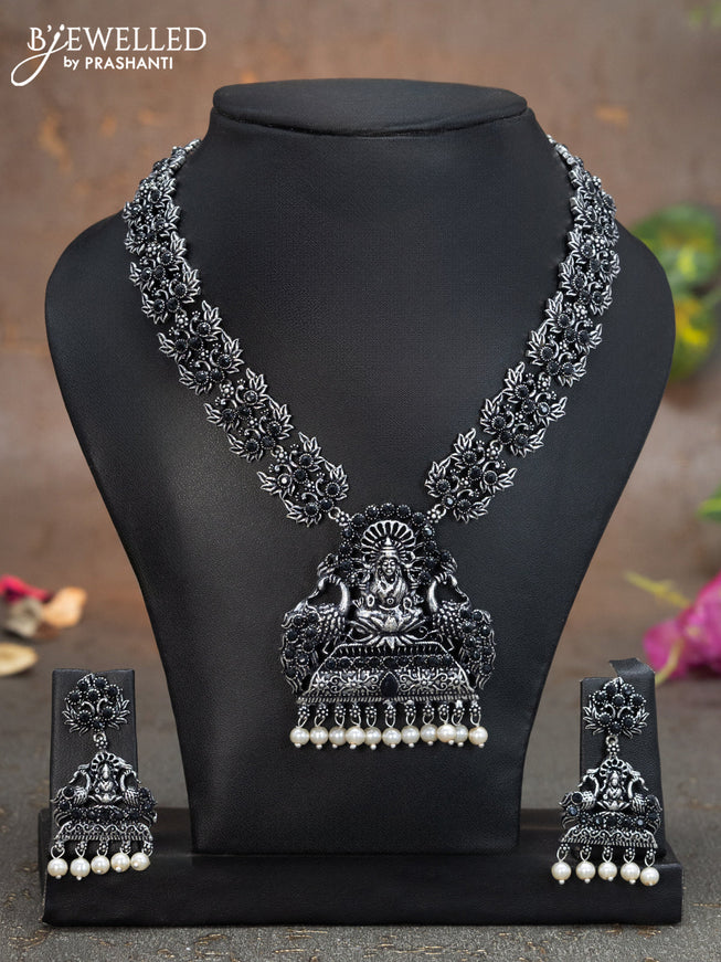 Oxidised necklace lakshmi design with  black stones and pearl hangings