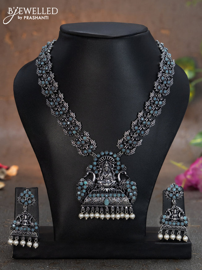 Oxidised necklace lakshmi design with ice blue stones and pearl hangings