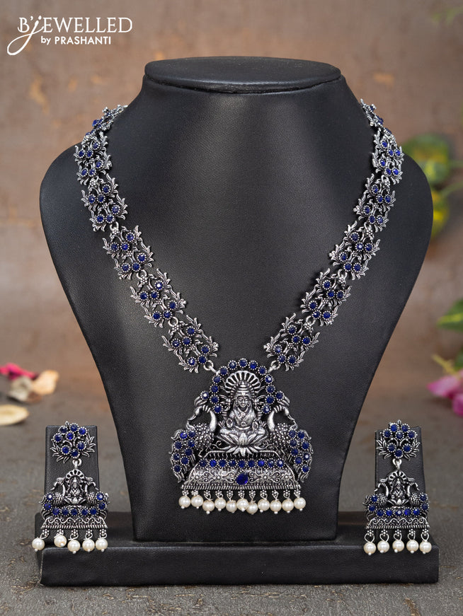 Oxidised necklace lakshmi design with  sapphire stones and pearl hangings