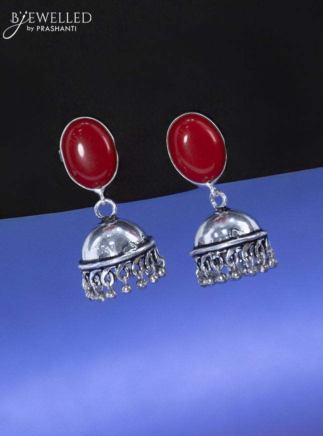 Oxidised jhumka with red stone and hangings
