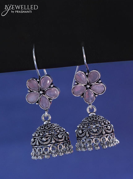 Oxidised hanging type jhumka floral design with baby pink stone and hangings