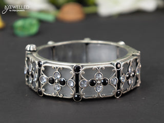 Oxidised screw type bangle with black and cz stones