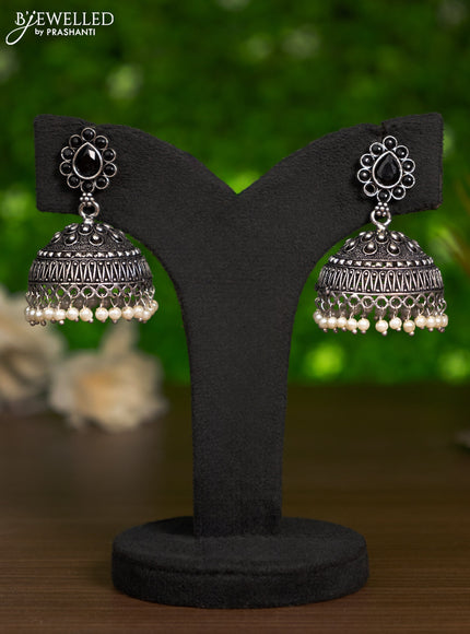 Oxidised jhumka with black stones and pearl hangings