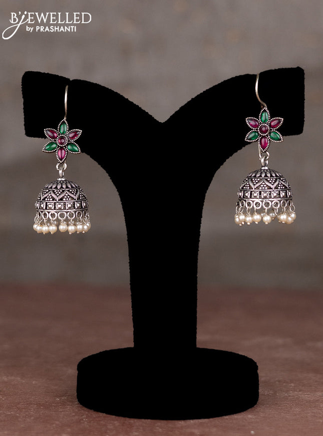 Oxidised hanging type jhumka with kemp stones and pearl hangings