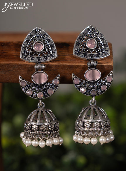 Oxidised jhumka with baby pink stones and pearl hangings