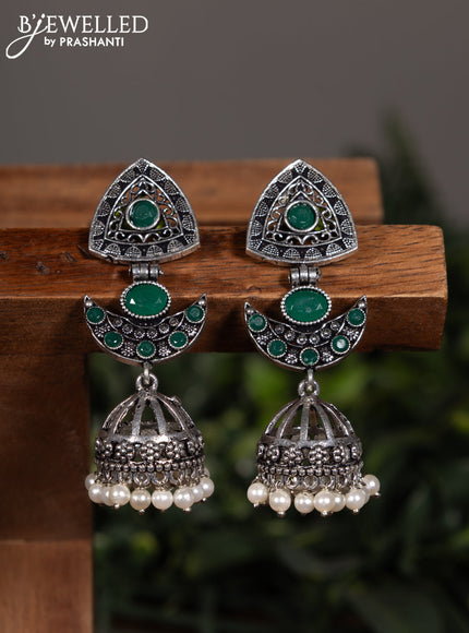Oxidised jhumka with emerald stones and pearl hangings