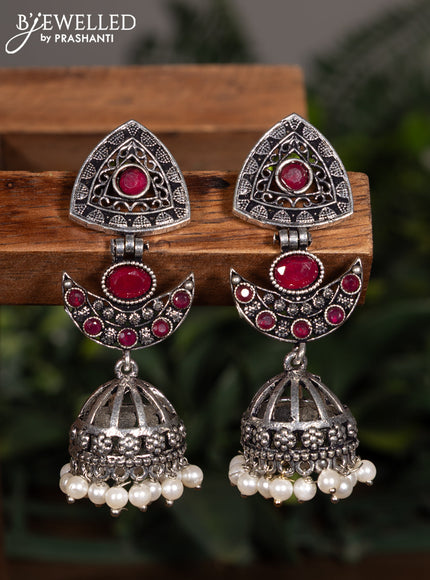 Oxidised jhumka with ruby stones and pearl hangings