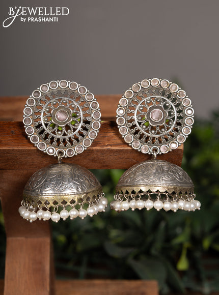 Oxidised jhumka with baby pink stones and pearl hangings