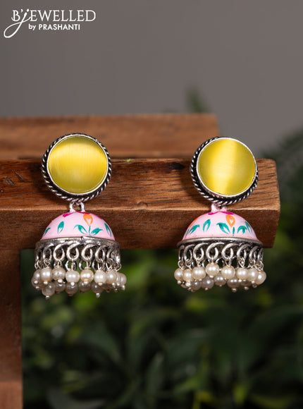Oxidised minakari baby pink jhumka with yellow stones and pearl hangings