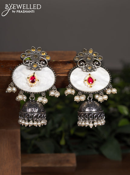 Oxidised jhumka with yellow & ruby stones and pearl hangings