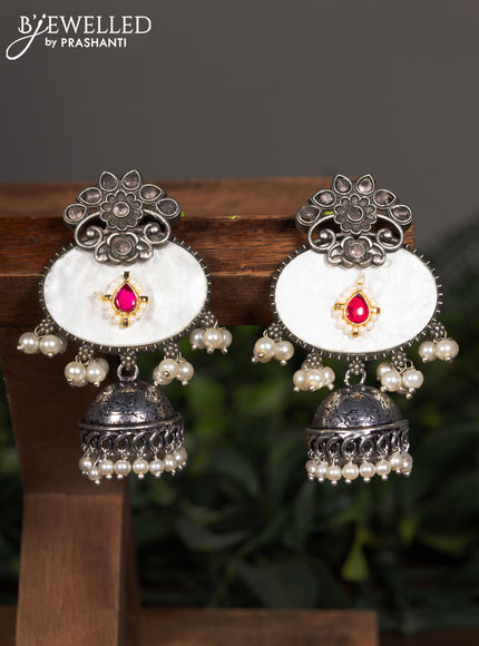 Oxidised jhumka with baby pink & ruby stones and pearl hangings