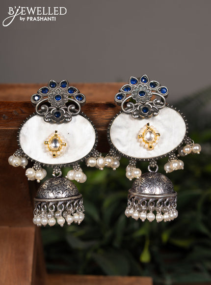 Oxidised jhumka with black & kundan stones and pearl hangings