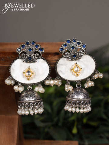 Oxidised jhumka with black & kundan stones and pearl hangings