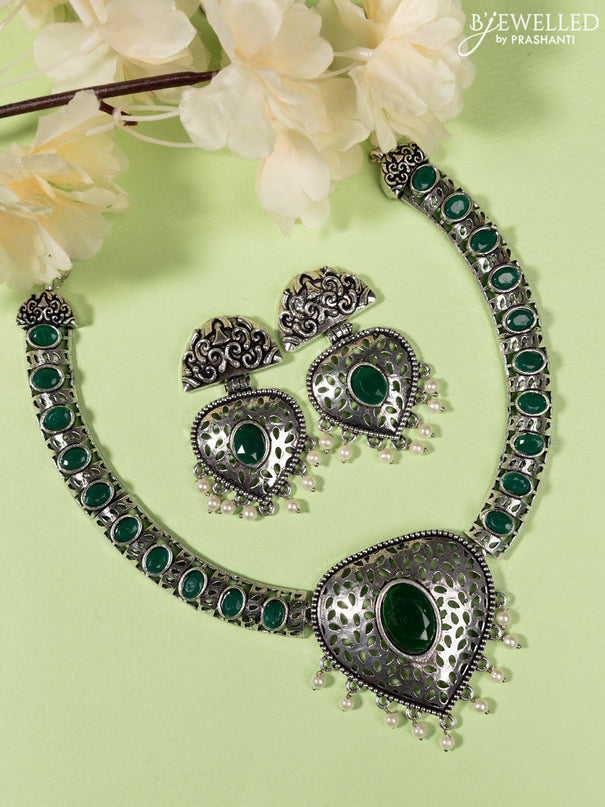 Oxidised Necklace with emerald stones and pearl hangings