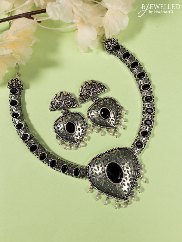 Oxidised Necklace with black stones and pearl hangings