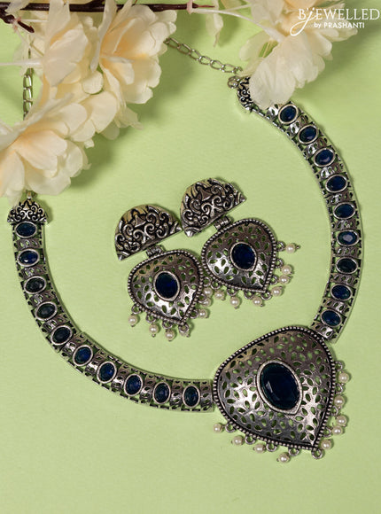 Oxidised Necklace with sapphire stones and pearl hangings