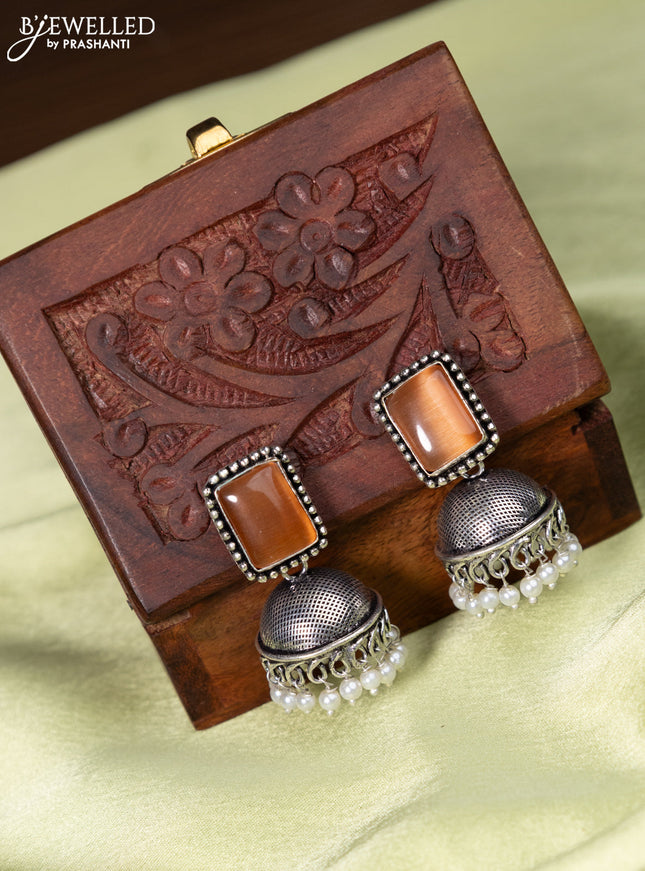 Oxidised jhumka with peach stone and pearl hangings
