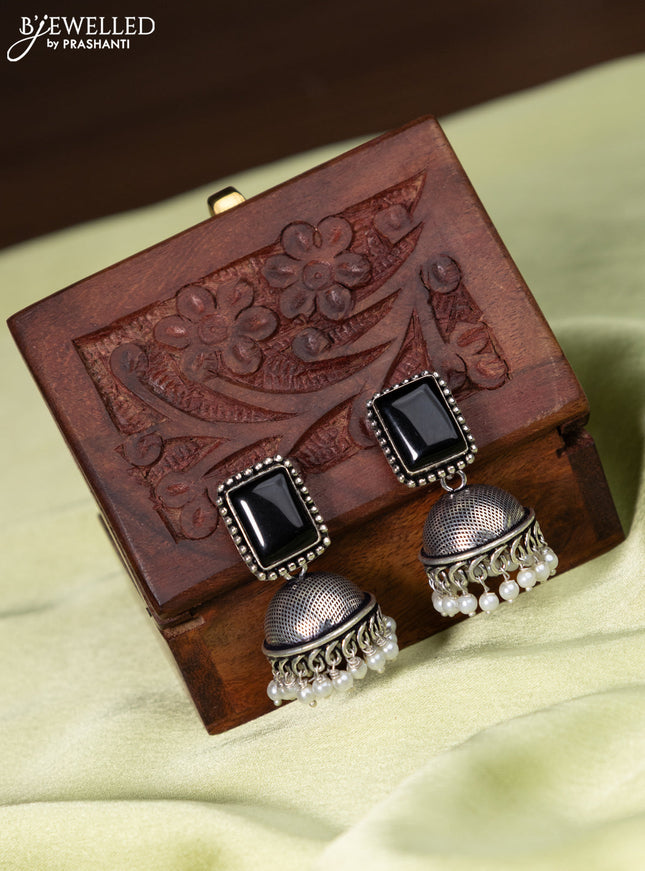 Oxidised jhumka with black stone and pearl hangings