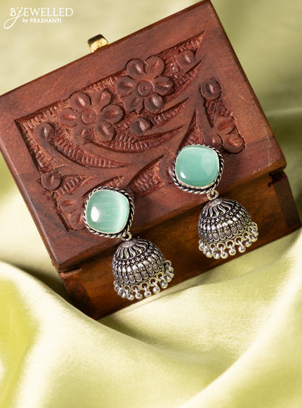 Oxidised jhumka with mint green stone and hangings