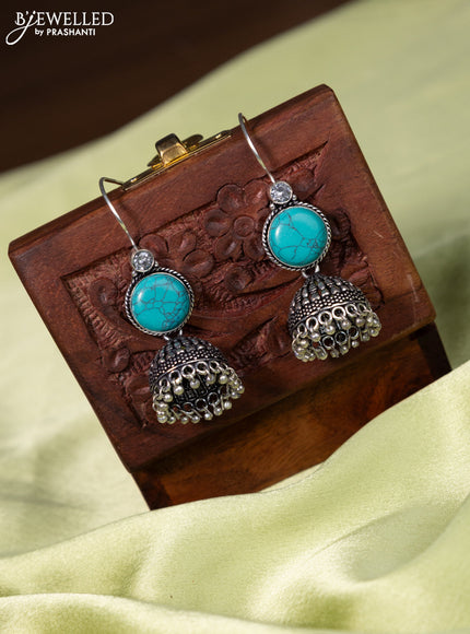 Oxidised hanging jhumka blue & cz stones and hangings