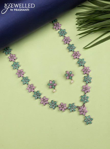 Oxidised haaram floral design with mint green and baby pink stones