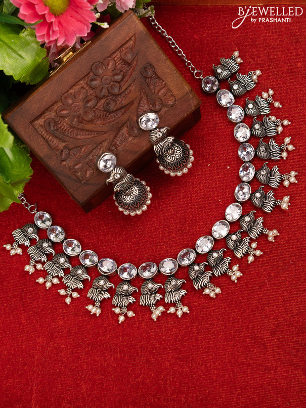 Oxidised necklace with cz stones and pearl hangings