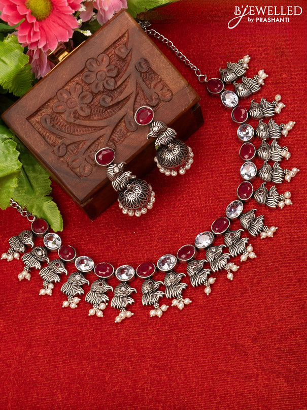 Oxidised necklace with ruby & cz stones and pearl hangings