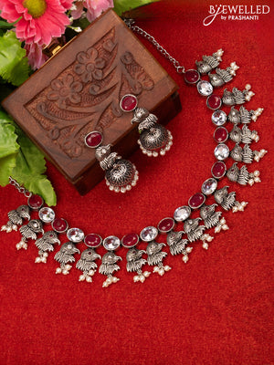 Oxidised necklace with ruby & cz stones and pearl hangings