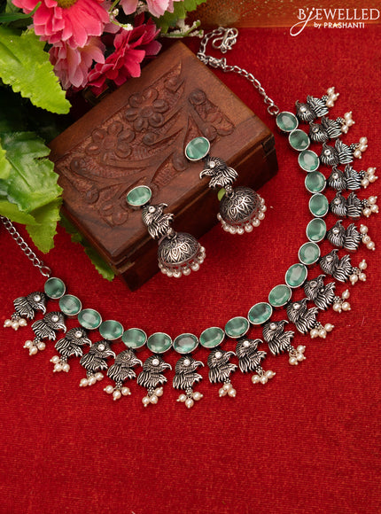 Oxidised necklace with mint green stones and pearl hangings