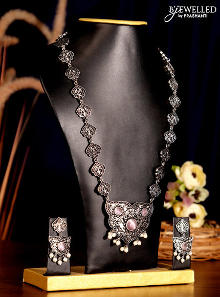 Oxidised haaram with baby pink stones and pearl hangings